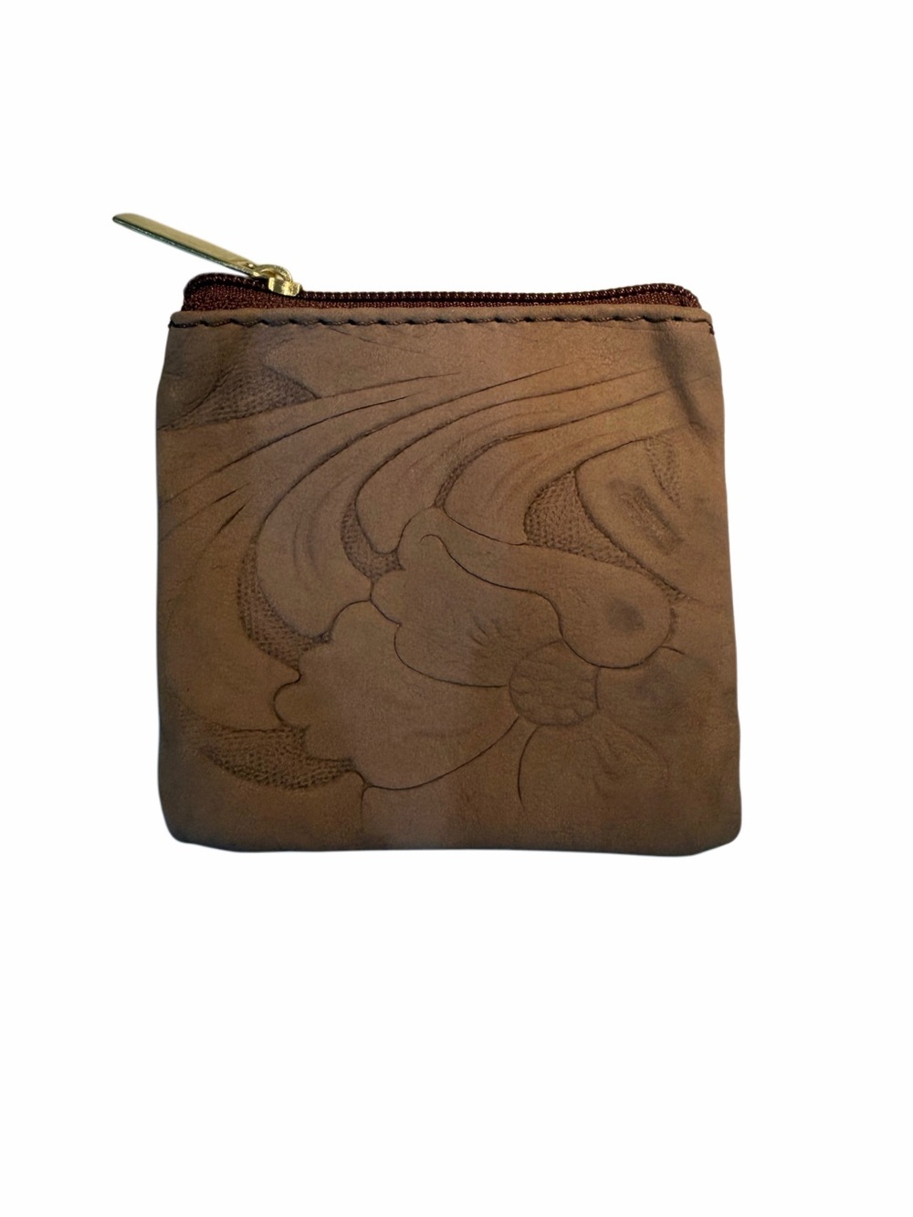 Hand-Tooled Brown Leather Coin Pouch - Classic Floral Design